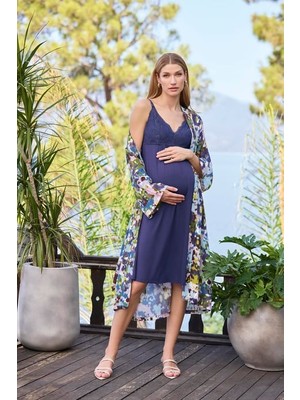 Monamise Desenli ve Dantelli Hamile Lohusa Sabahlık Takımı