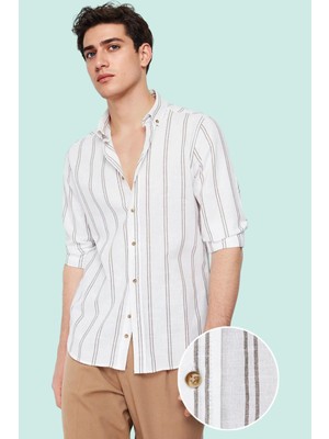 Erkek Slim Fit Ince Çizgili Gömlek Yaka Düğmeli Uzun Kollu Günlük Yaz Aylarının Vazgeçilmezi