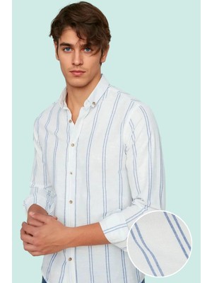 Erkek Slim Fit Ince Çizgili Gömlek Yaka Düğmeli Uzun Kollu Günlük Yaz Aylarının Vazgeçilmezi