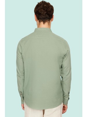 Erkek Slim Fit Hakim Yaka Pamuklu Keten Görünümlü Gömlek Günlük Kullanım Dayanıklı Malzeme