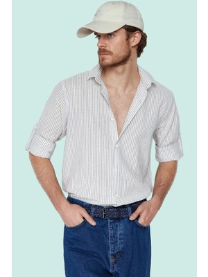 Erkek Keten Karışımlı Çizgili Gömlek Regular Fit Yaka Casual Günlük Yaz Aylarının Vazgeçilmezi