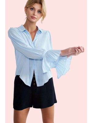 Kadın Ispanyol Kol Gömlek Düz Desen Regular Kalıp Queen Crep Dokuma Iş ve Günlük Hafta Sonu