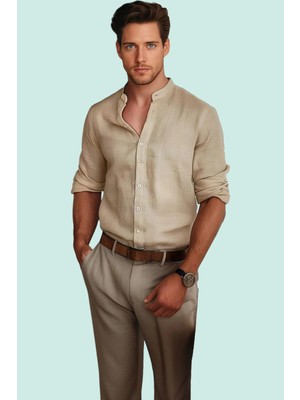 Erkek Slim Fit Hakim Yaka Keten Görünümlü Gömlek Basic Siluet Günlük Kullanım Modern Tasarım