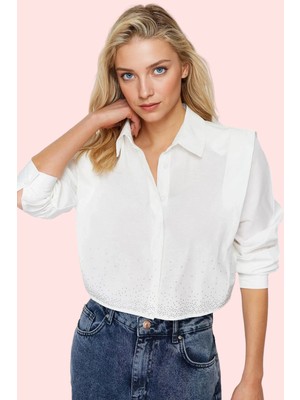 Kadın Crop Gömlek Yaka Düz Desenli Dokuma Terrycotton Kumaş Günlük Kullanım Modern Tasarım