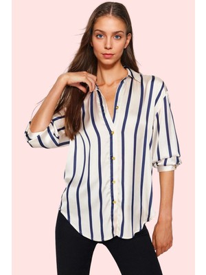 Kadın Oversize Çizgili Saten Gömlek Rahat Kalıp Günlük Kullanım Yaz Aylarının Vazgeçilmezi