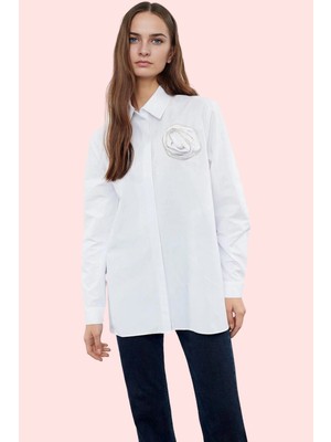 Kadın Omuzu Gül Detaylı Dokuma Gömlek Tunik Boy Günlük Şık Hafta Sonu Yaz Aylarının Vazgeçilmezi