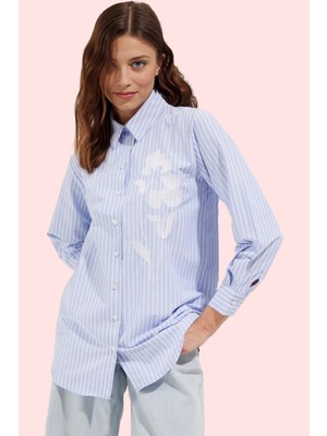 Kadın Çizgili Dokuma Gömlek Işleme Detaylı Regular Kalıp Pamuklu Günlük Kullanım Hafta Sonu