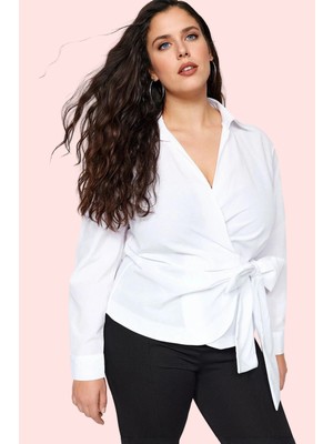 Kadın Kruvaze Bağcıklı Dokuma Gömlek Günlük ve Iş Stilleri Hafta Sonu Yaz Aylarının Vazgeçilmezi