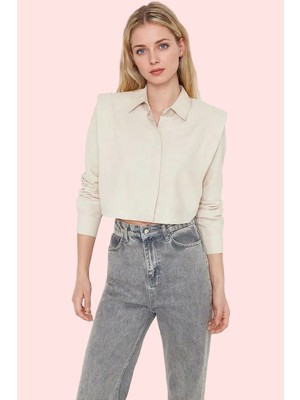 Kadın Crop Gömlek Yaka Düz Desenli Dokuma Terrycotton Kumaş Günlük Kullanım Modern Tasarım