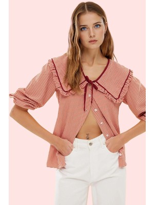 Kadın Gofreli Dokuma Gömlek Ekose Desen Bebe Yaka Uzun Kol Günlük Kombinler Modern Tasarım