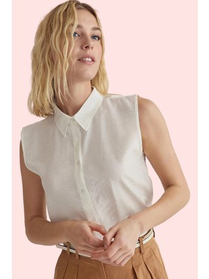 Kadın Keten Görünümlü Kolsuz Gömlek Düz Desen Regular Kalıp Yaz Aylarının Vazgeçilmezi Hafta Sonu