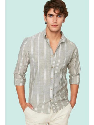 Erkek Slim Fit Ince Çizgili Gömlek Yaka Düğmeli Uzun Kollu Günlük Yaz Aylarının Vazgeçilmezi