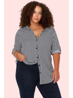 Kadın Oversize Çizgili Gömlek Uzun Kollu Dokuma Kumaş Günlük Kullanım Yaz Aylarının Vazgeçilmezi