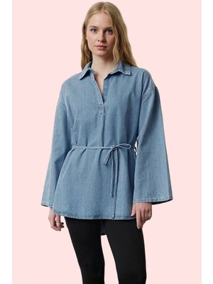Kadın Oversize Denim Gömlek Ispanyol Kol Regular Kalıp Pamuklu Günlük Stil Kaliteli Malzeme
