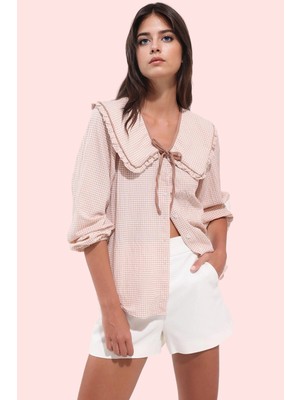 Kadın Gofreli Dokuma Gömlek Ekose Desen Bebe Yaka Uzun Kol Günlük Kombinler Modern Tasarım