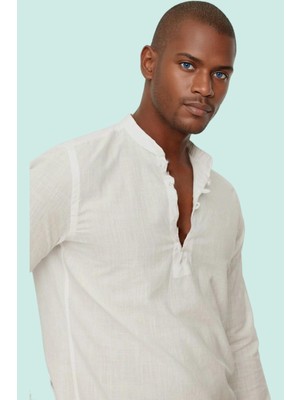 Erkek Slim Fit Hakim Yaka Pamuklu Keten Görünümlü Gömlek Günlük Kullanım Dayanıklı Malzeme