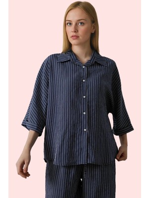 Kadın Oversize Çizgili Gömlek Düşük Kol Uzun Kollu Regular Kalıp Yaz Aylarının Vazgeçilmezi