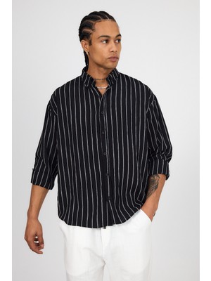 Oversize Keten Çizgili Uzun Kollu Gömlek