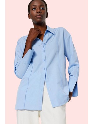 Kadın Basic Siluet Uzun Kollu Gömlek Yaka Yırtmaçlı Oversize Dokuma Yaz Aylarının Vazgeçilmezi