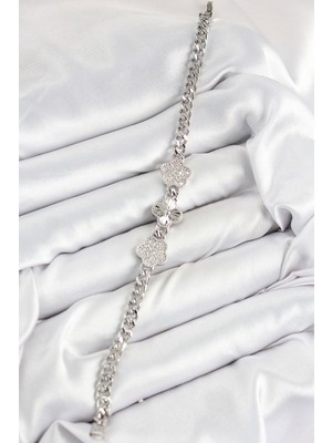 Zarif Kadın Için Silver Pirinç Zirkonlu Yonca Trend Bileklik