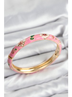 Mineli Pirinç Pembe Çiçek Motifli Gold Kadın Kelepçe