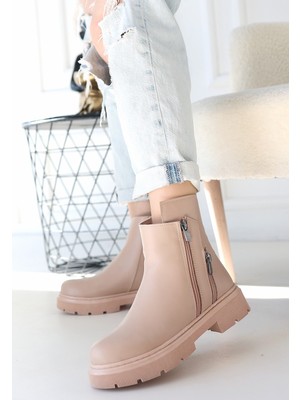 Aksesuarlı Yandan Fermuarlı Bağcıklı Topuklu Bot Cilt Nude Topuk Boyu 3 cm