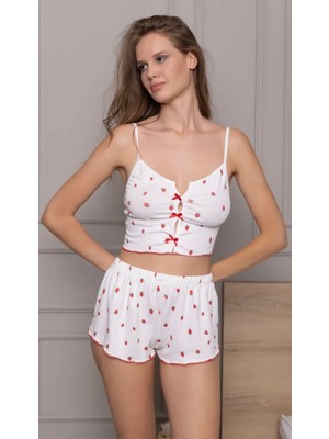 Eloria Fashion Kadın Çİlek Baskılı Şort ve Atlet Alt Üst Şort Pijama Takım, Şort Gecelik
