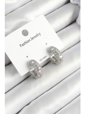 Pirinç Zirkon Taşlı Halka Model Gümüş Renk Kadın Küpe