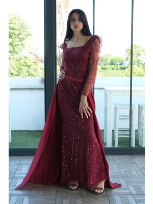Bordo Boncuk Işlemeli Tül Kol Detaylı Uzun Abiye 9705463.04