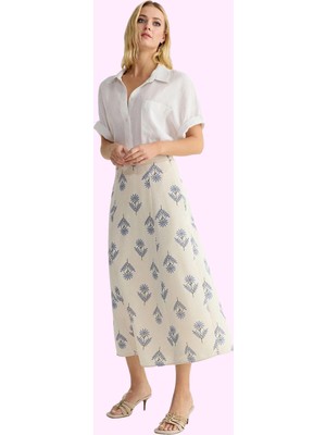 Kadın Çiçek Desenli A Line Midi Etek Keten Karışımlı Rahat Günlük Yaz Stilin Buluştuğu Yer