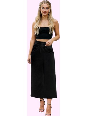 Kadın Midi Boy Dökümlü Krep Dokuma Etek Belde Toka Detaylı Günlük Şıklık Dayanıklı Malzeme