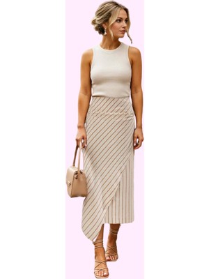 Kadın Midi Boy Sarong Etek Keten Görünümlü Çizgili Pamuklu Yazlık Günlük Dayanıklı Malzeme