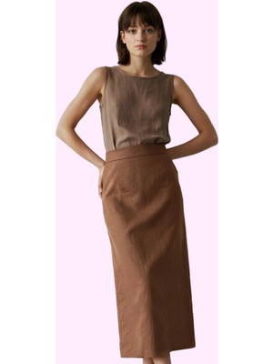 Kadın Midi Boy Keten Görünümlü Kalem Etek Pamuklu Günlük Şıklık Yaz Aylarının Vazgeçilmezi