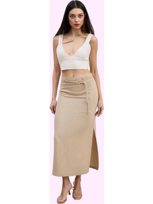 Kadın Maxi Dokuma Etek Keten Karışımlı Yandan Yırtmaçlı Trend Yaz Günlük Kullanım Hafta Sonu