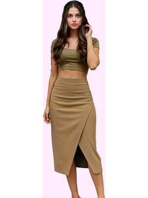 Kadın Midi Boy Dokuma Etek Yandan Yırtmaçlı Casual Günlük Stil Hafta Sonu Kaliteli Malzeme