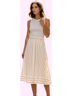 Kadın Çizgili A Line Midi Etek Şık Casual Yazlık Günlük Hafta Sonu Yaz Aylarının Vazgeçilmezi