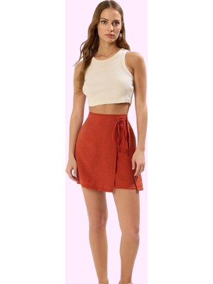 Kadın Mini Boy Sarong Etek Keten Görünümlü Dokuma Ağaç Kabuğu Desenli Yazlık Günlük Kullanım