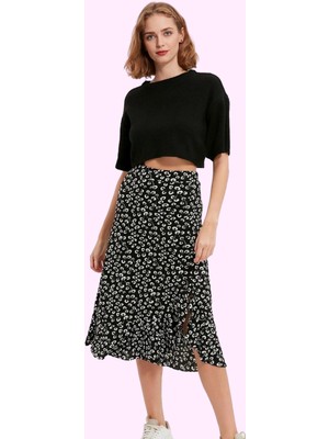 Kadın Yüksek Bel A Line Midi Etek Çiçekli Desenli Örme Kumaş Rahat Yaz Aylarının Vazgeçilmezi