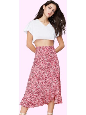 Kadın Yüksek Bel A Line Midi Etek Çiçekli Desenli Örme Kumaş Rahat Yaz Aylarının Vazgeçilmezi