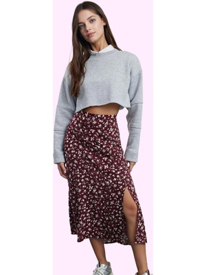 Kadın A Line Midi Etek Dokuma Kumaş Viskoz Cepsiz Çiçek Desenli Günlük Yaz Aylarının Vazgeçilmezi