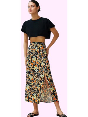 Kadın Midi Boy Çok Çiçek Desenli A Line Etek Viskoz Yazlık Günlük Yaz Aylarının Vazgeçilmezi