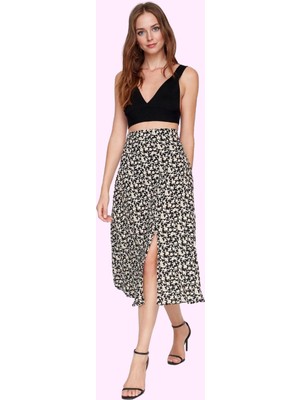 Kadın A Line Midi Etek Dokuma Kumaş Viskoz Cepsiz Çiçek Desenli Günlük Yaz Aylarının Vazgeçilmezi