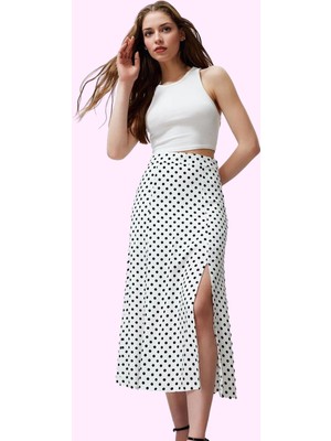 Kadın Puantiyeli A Line Midi Etek Yüksek Bel Shally Dokuma Viskoz Rahat Yazlık Günlük Kullanım