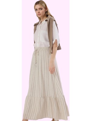 Kadın A Line Çizgili Maxi Etek Keten Görünümlü Rahat Günlük Hafta Sonu Yaz Aylarının Vazgeçilmezi