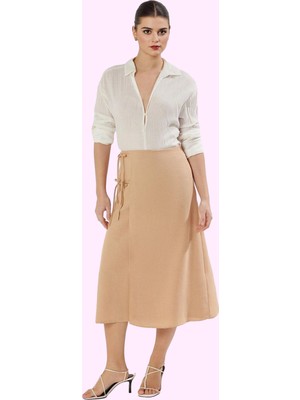 Kadın Günlük Casual Keten Görünümlü Dokuma Maxi Etek Yandan Bağcıklı Yaz Dayanıklı Malzeme