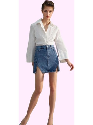 Kadın Denim Yırtmaçlı Mini Etek Pamuk Günlük Casual Kombinler Hafta Sonu Dayanıklı Malzeme