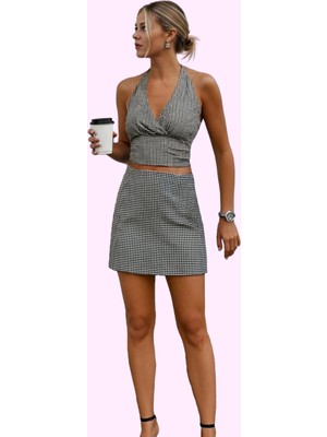 Kadın Slim Fit Kareli Mini Örme Etek Şort Detaylı Rahat Yazlık Günlük Kullanım Özel Günler