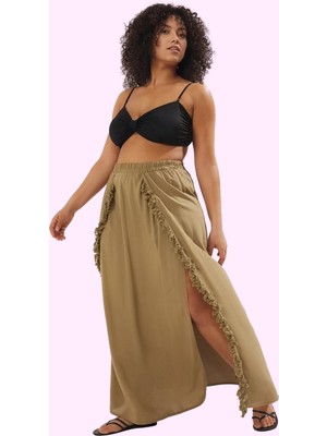 Kadın Plaj Etek Maxi Boy Viskoz Yırtmaçlı Püsküllü Dokuma Günlük Kullanım Kaliteli Malzeme
