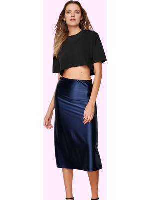 Kadın Saten Etek Midi Boy A Kesim Beli Lastikli Yırtmaçlı Günlük ve Özel Günler Için Hafta Sonu