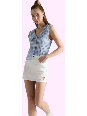 Kadın Yazlık Mini Denim Etek Yırtık Detaylı A Line Kesim Pamuk Günlük Kullanım Özel Günler